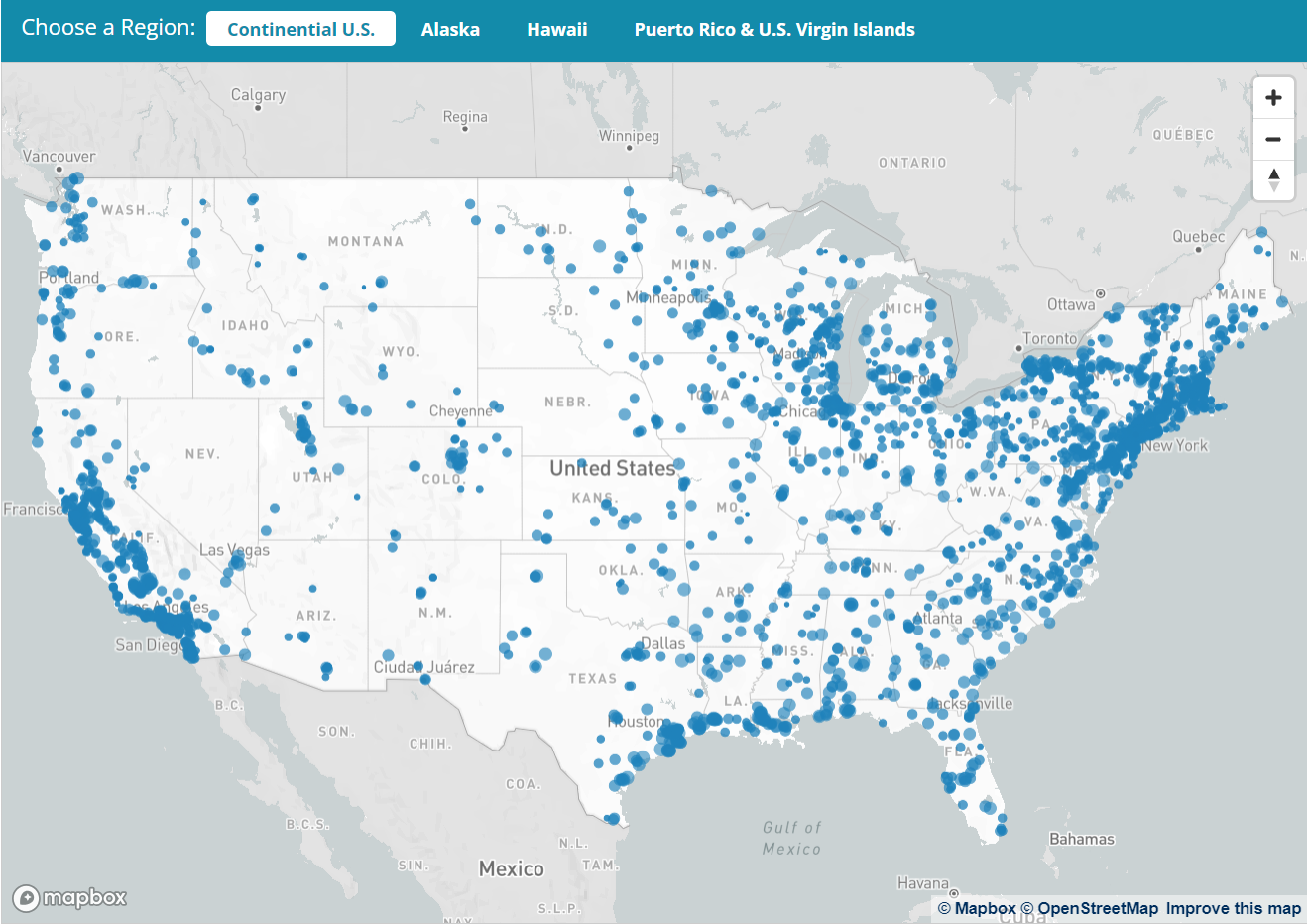 U.S. Map depicting locations of combined heat and power installations